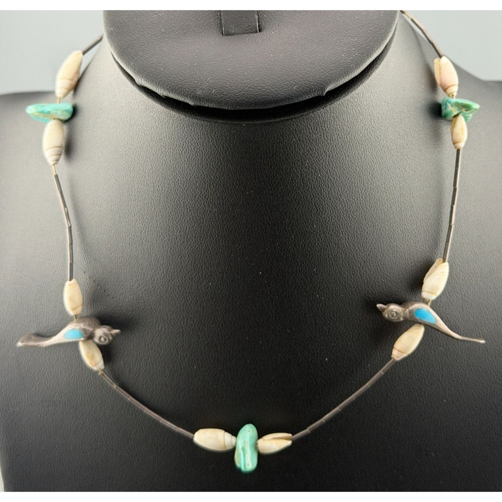 Vintage Southwestern Fetish Bird Necklace Liquid Sterling Silver Turquoise Shell